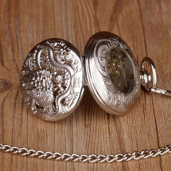 Fashion Silver Dragon Skeleton Mechanical Pocket Men's Vintage Luxury Hand-Wind Watch Father's Birthday Gift Pendant Clock