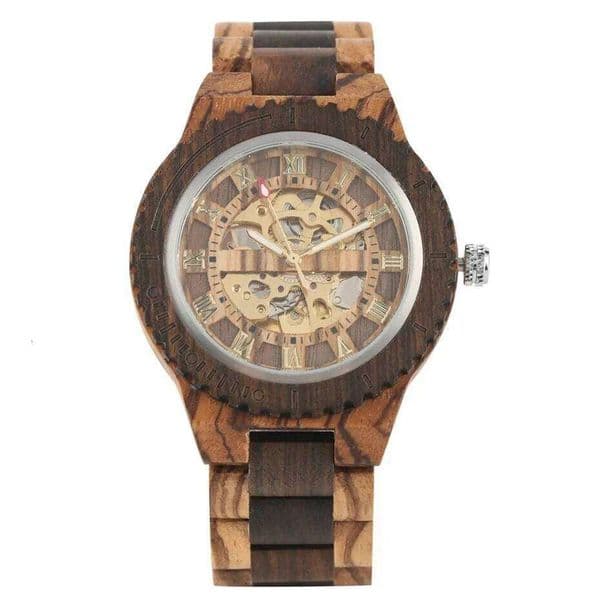 Vintage Round Mechanical Watch for Men Dark and Light Wood Strap Roman Numerals Exposed Gold Toned Gear Wooden Wristwatch