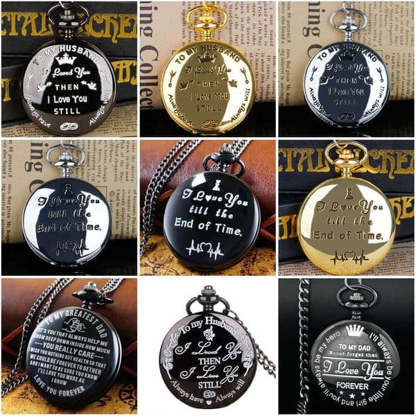 Men's Classic Engraved "To My Dad/Husband/Lover" Pocket Watch with Necklace Pendant 'I Love You Till The End of Time' for Women