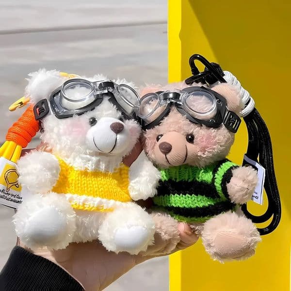 Lovable Bear Keychain Plush Brown Teddy with Glasses Cute Couple Keyrings for Bags Purses 260323BJ