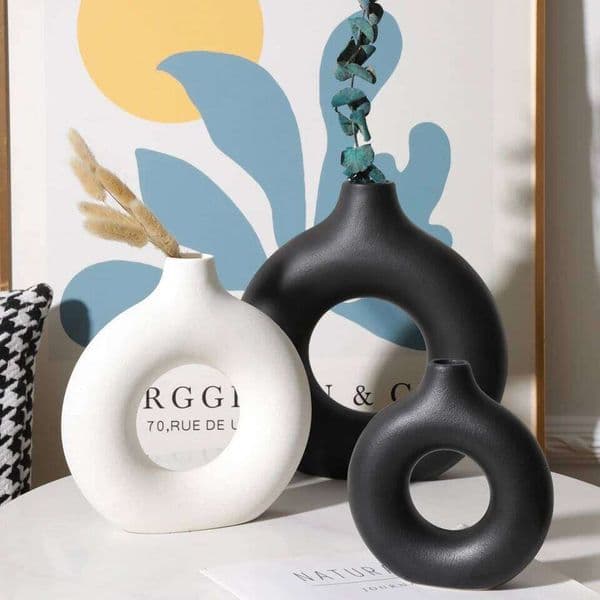 Nordic Vase Circular Hollow Ceramic Donuts Flower Pot Home Living Room Decoration Accessories Interior Office Desktop Decor Gift 26Y0324