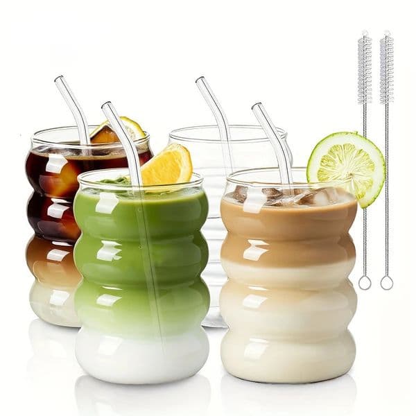 2 High Borosilicate Glass Coffee Cups 350ML118oz with Straw and Brush Vintage Ripple n Transparent Aesthetic Drinkware 260324