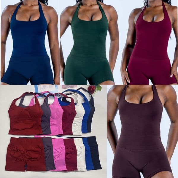 two pieces Halterneck yoga outfits impact Halter Top matching shorts Sports gym clothes women Tanks Women Workout sets Fitness Gym Outdoor Running Tank Tops sets