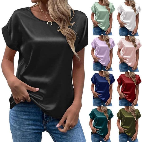 Fashionable Summer Foreign Trade Supply OL Style Satin Pullover Round Neck Straight-Cut Women's T-Shirt