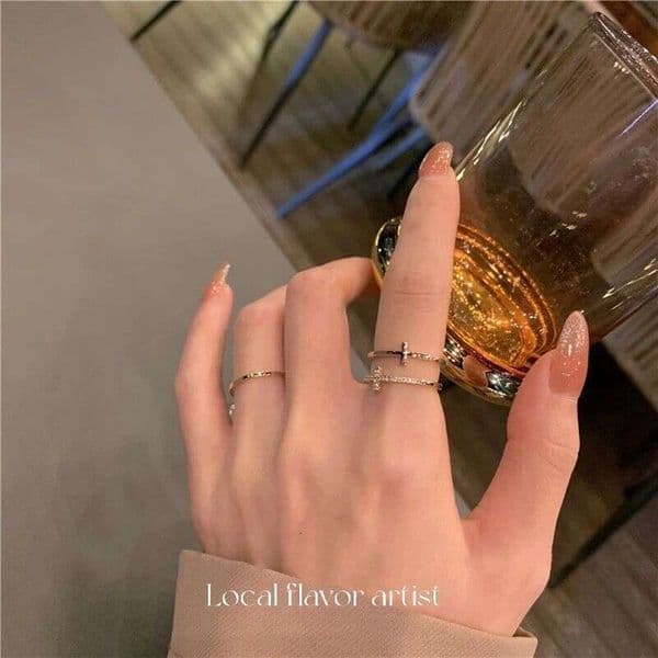 Light luxury ring with micro-inlaid zircon, double-layered cross, simple and minimalist style, open ring, niche design for women