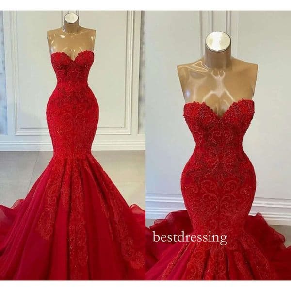 Stunning Red Mermaid Prom Dresses Sexy Sweetheart Backless Appliques Beads Long Evening Party Gowns Vestidos De Bal Bc14408 B0324