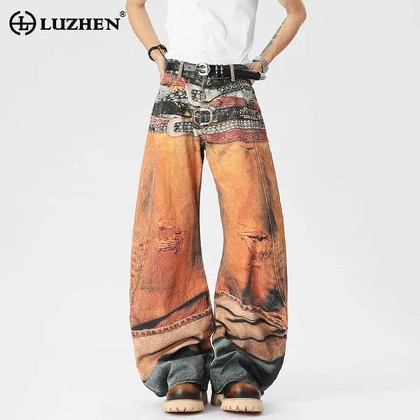 LUZHEN Original Personalized Pattern Printed Loose Casual Jeans Mens 2025 Streetwear Wide Leg Straight Denim Pants JY3071 260323