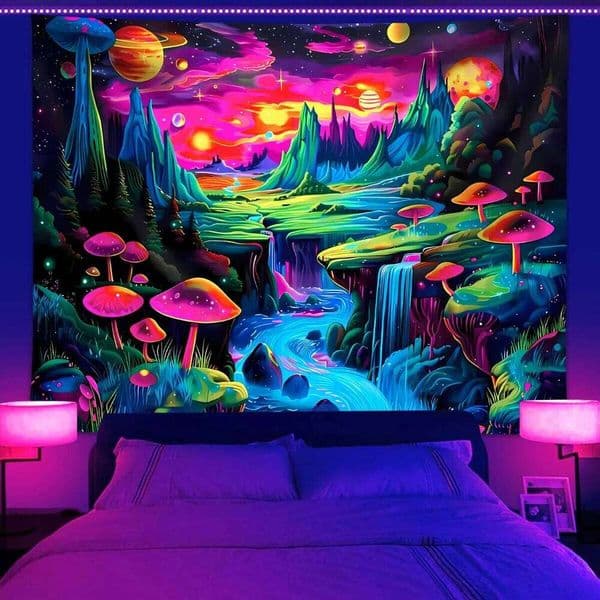1pc Mushroom fluorescent UV responsive space planet landscape tapestry, bedroom decoration 26Y0324