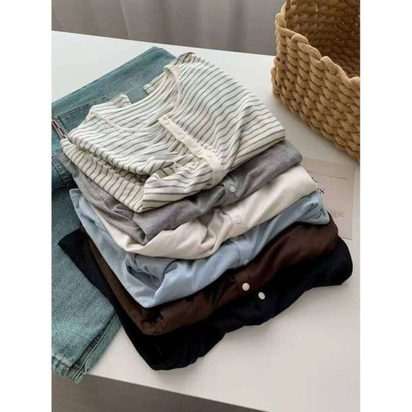 Silk Wool Basic Shirt For Women Autumn Winter Round Button Neck Slim Knitwear, Solid Color Striped Long Sleeve Top