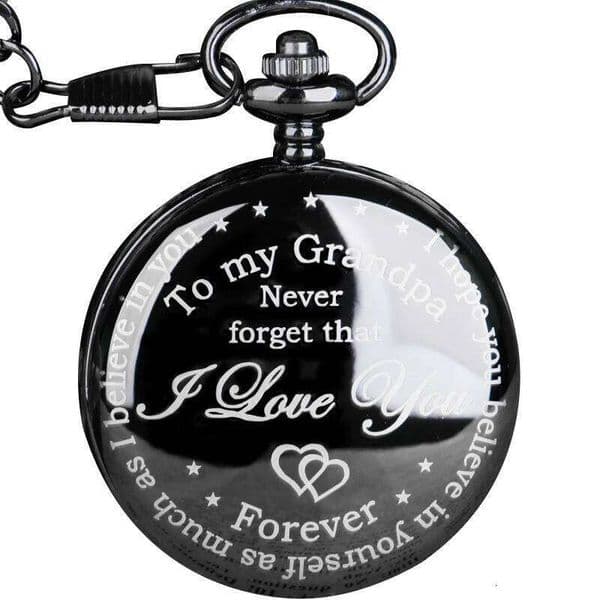 Black Engraved Pocket Watch with Chain "To My Grandpa" Sentimental Love Message Design Men's Gifts Pendant Clock