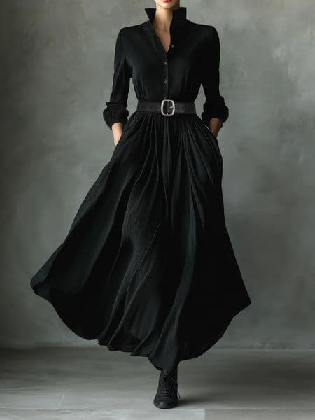 Womens Black Textured Maxi Dress with Stand Collar Button Placket and Matching Belt 260316