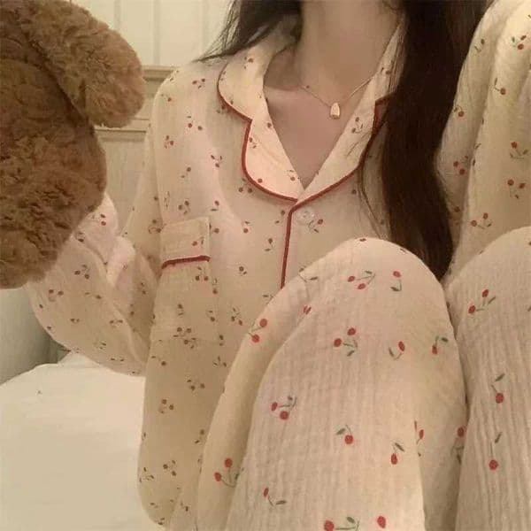 Ladies New Lapel Cardigan Girls Home Comfort Set Country Style Crinkle Fabric Cherry Cute Long Sleeve Pajamas Loungewear WomenT260320
