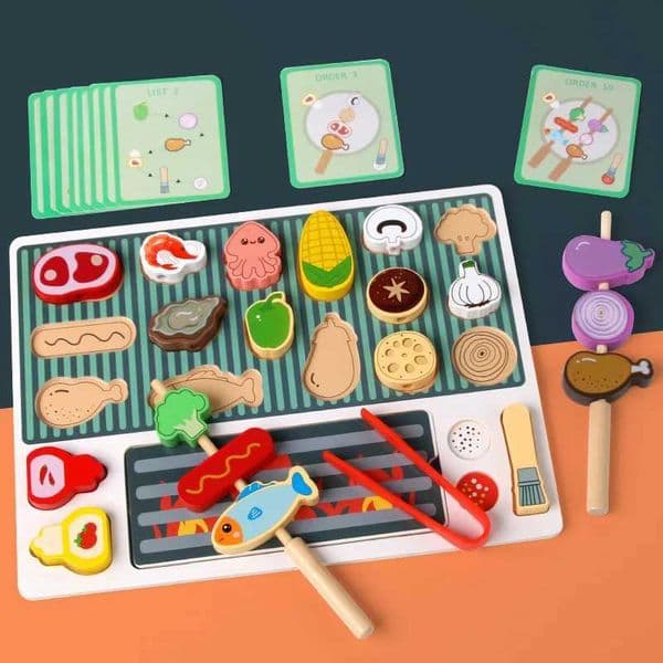 Wooden BBQ Toys Set Kitchen Pretend Play Toys Food Matching Game Children Role-playing Game Fine Motor Toys For Boys Girls S251230