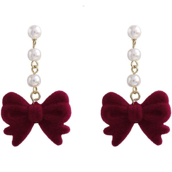 Burgundy velvet bow pearl earrings, elegant versatile young ladies socialites, suitable for autumn, winter, and New Year, a light luxury accessory