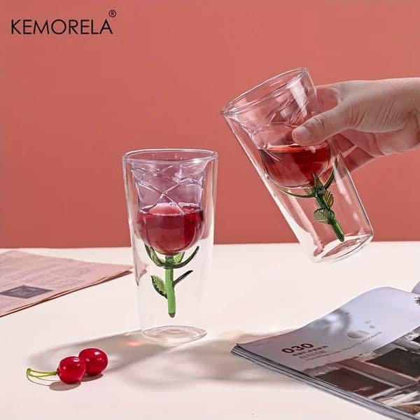 KEMORELA INS DoubleLayer Glass Wine Rose Shape n Red Juice Cup Suitable for Wedding Valentines Day 260324BJ