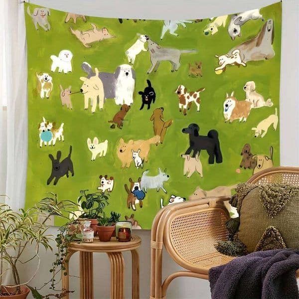 VIKAMA Fresh Dog Healing-Style Tapestry Pet Background Art Wall Mural Living Sofa Backdrop Room Decor 26W0324