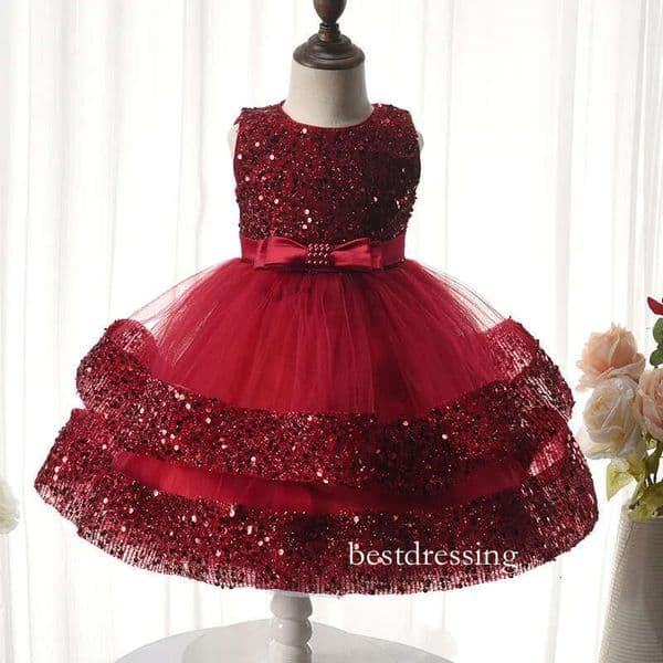Princess Champagne Sequined Flower Dresses Vintage Bling Sheer Crew Neck Appliques Ruched Cute Baby Girl Formal Party Gowns New Tulle Pageant Wears 403 B0324