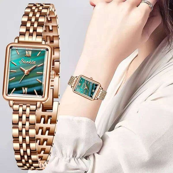 SUNKTA New Fashion Square Rose Gold Stainless Steel Women's Quartz Wristwatches Simple Elegant Waterproof Bracelet Ladies Watch