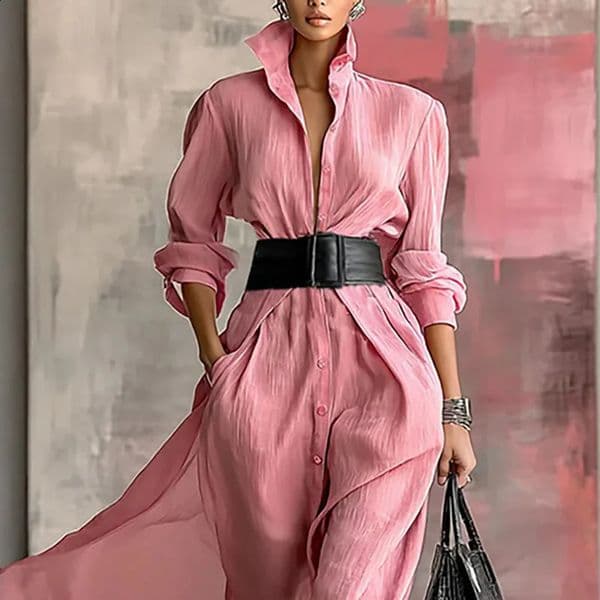 Spring Single Breasted Office Lady Shirt Dress Elegant Solid Slim Woman Party Autumn Long Sleeve ALine Boho Vestido 260324