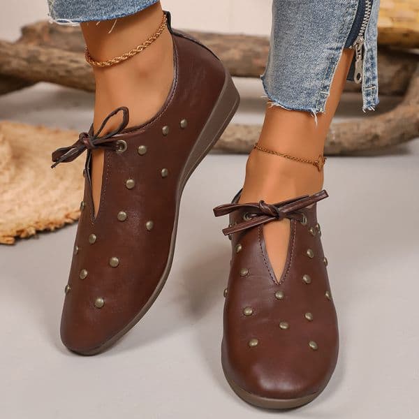 2026 New Womens Ballet Flat Shoes Leather Elegant Round Toe Rivet French Mary Jane Shoes Lace-Up Flats French Style Low Heel Spring Autumn Season PU Leather Dress Shoes