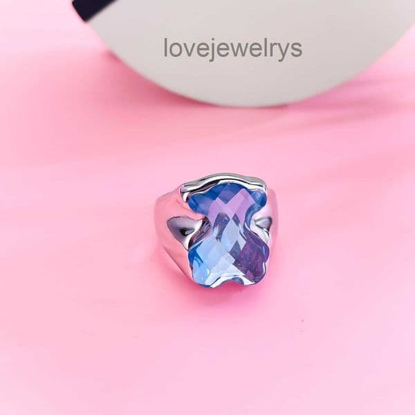 Women Fashion New Arrival Men Silver Gold Stainless Steel Span Bear Animal Blue Pink White Glass Rings Jewelry A Gift