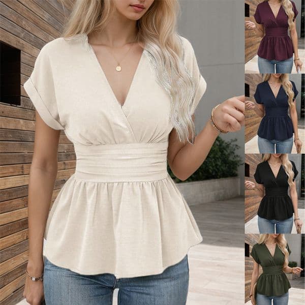 2026 Spring V-neck Waist-Cinching Solid Color Raglan Sleeve Pleated Hem T-shirt for Women