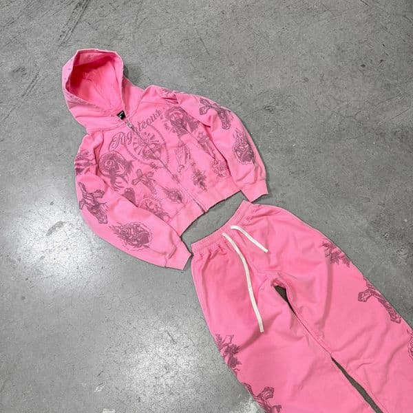 Tatted Believer Cropped Zip Up Sweatshirt and Sweatpants 2piece Set Y2k Harajuku Men Women Tracksuit Hoodie Running Pants Suit 260324