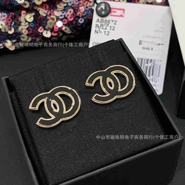 Jewelry Channels Authentic double C black and white enamel resin stud earrings for women simple and with 925 silver pins