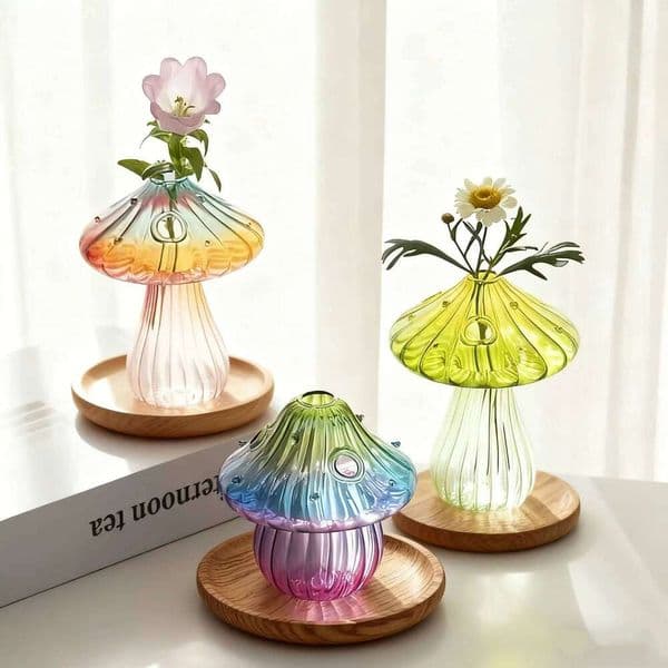 Boho Glass Mushroom Vase - Handcrafted Hydroponic Cylinder Planter for Living & Dining Room, Battery-Free Coffee Shop Decor 26Y0324