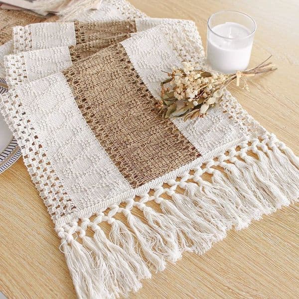 Boho Farmhouse Linen Table Runner with TasselsRustic Macrame Burlap Cotton Blend for Summer Home Decor and Holiday Events 260323BJ