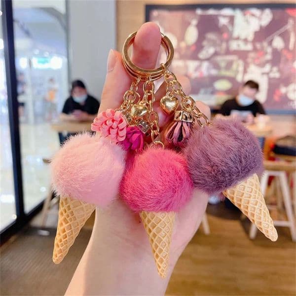 1pc Fashion Cute Mini Ice Cream Key Ring With Tassel Student Fluffy Pom Velvet Plush Keychain For Girls Bag Decoration Gift 260323BJ