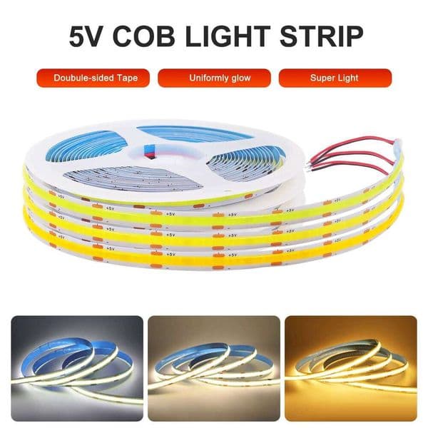 DC 5V LED COB Strip Light USB/2pin/DC Plug Connector High Density Self-adhesive Flexible Background Lighting Tape for Home Decor 26L0324