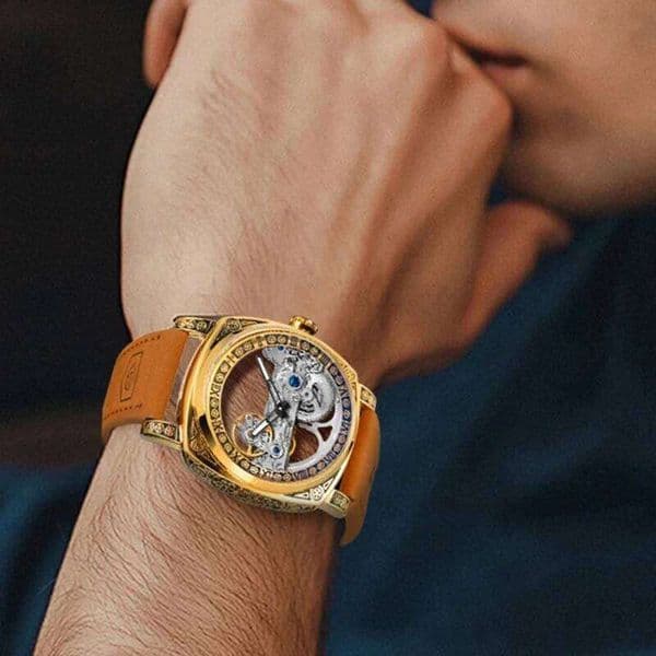 WINNER Luxury Mechanical Men Watch Business Skeleton Gold Square Case with Carvings Hollow Wristwatch Leather Strap Man Watches