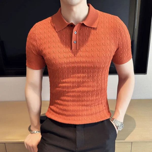 SlimFit Jacquard Knitted ShortSleeved Polo Shirt for Mens Fashion Lapel Golf 260325