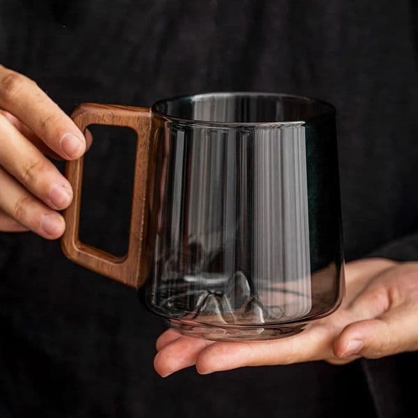 Guanshan Glass Singlelayer Side Wooden Handle Drinking Cups Household Largecapacity Milk Tea Juice Cup 260325
