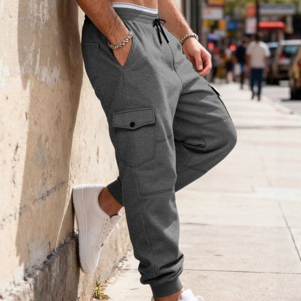 European And American Autumn Winter Fleece Men's Cargo Pants Essential Pants Patchwork Multi-pocket Drawstring Sports Casual Jogging Pants