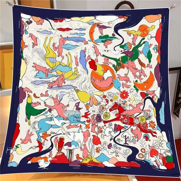 90CM Rabbits Printed Twill Silk Scarf Shawl Square Scarves Wraps Women Hijabs Bandana Foulards Head Neckerchief 260324