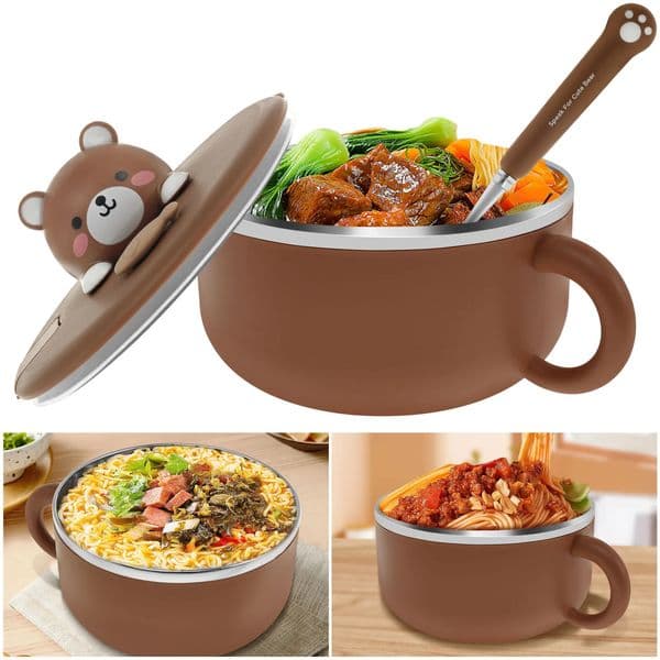 1200ml Ramen Bowl with Lid Sealed Cooker Handle and Fork Insulated Noodle Practical Instant Serving 260325