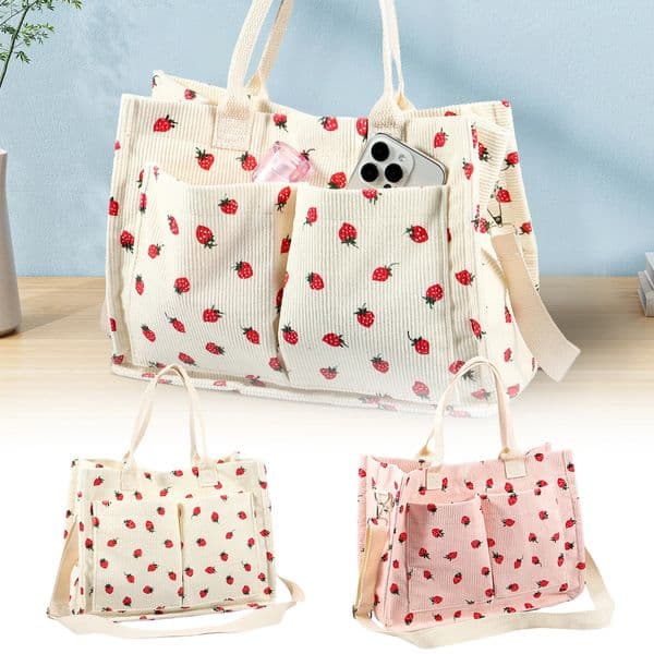 Tote Bag Cute Strawberry Patched Purse for Women Fabric Large Capacity Enduring with Adjustable Shoulder 260325