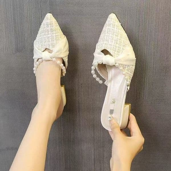 Ddmysports French Style Elegant Pointed Toe Mules For Women New Summer Pearl Sandals Without A Heel Outdoor Shoes