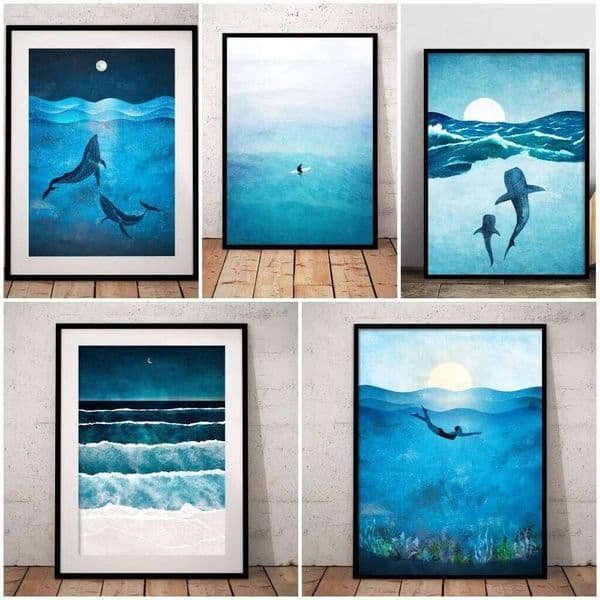 Blue Ocean Canvas Prints Minimalist Nautical Wall Art Wild Swimming Whales Seascape Poster Surfer Waves Picture Home Decor 26Y0325