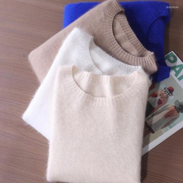Women's Sweaters Chic Basic Clothing Mink Cashmere Pullover Solid Color O-Neck Soft Fluffy Sweater Autumn Winter Knitted Tops