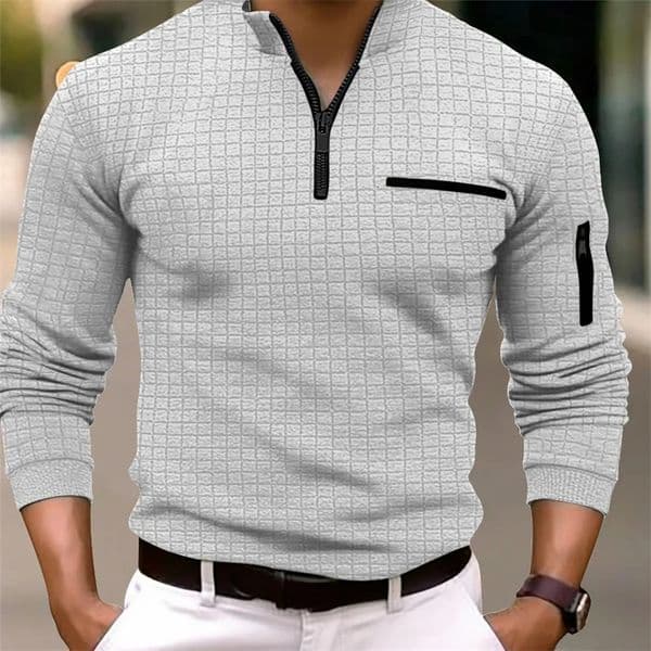 Spring and Autumn Mens Plaid Turtleneck Zipper Long Sleeve Polo Shirt Sports Breathable Business Casual 260324BJ