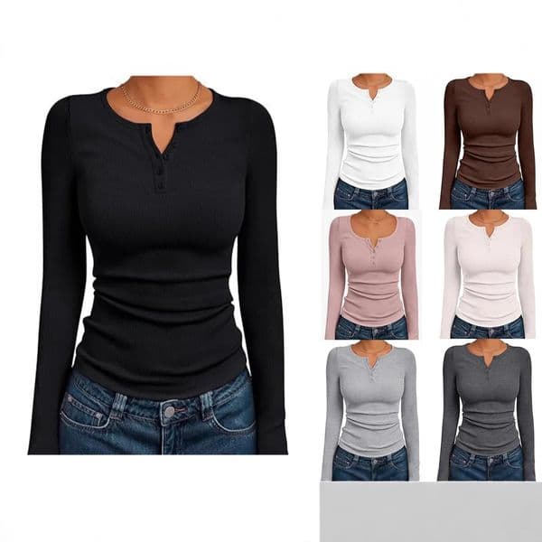 Fashionable Womens Long Sleeve Slim Fit Autumn Henry Collar TShirt Ribbed Basic Style Top for Ladies 260325