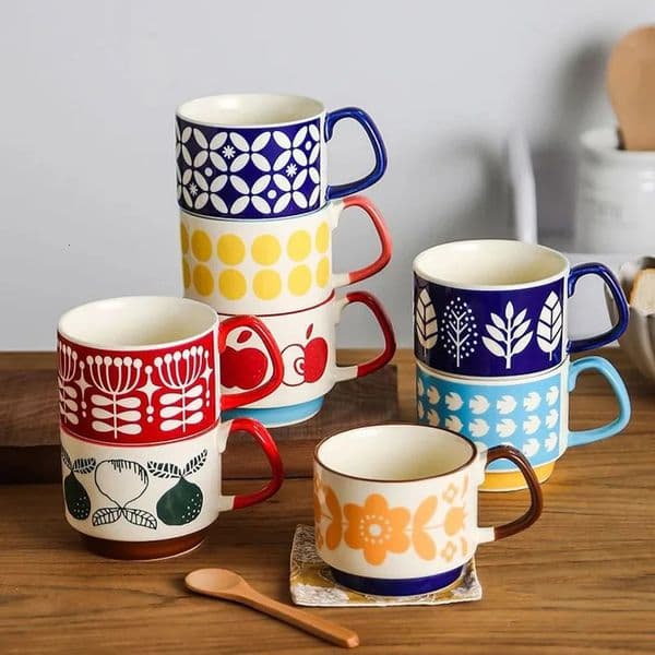 300ml Japanese Flower Coffee Mug Set Retro Ceramic Milk Oats Office Water Handgrip Cup Kitchen Party Drinkware 260312