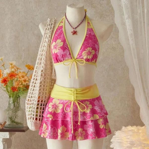 Elegant Floral Color Block Swimsuit Women Triangle Halter High-Waist Bikini Set Cover Up Skirt 2026 Micro Bikini Three-Piece 260324