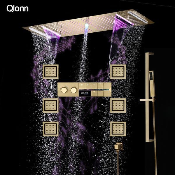 Qlonn Luxury 900*300mm Thermostatic Mixer Faucet Set LED Rain Shower System 6 Function Couple Bathroom Shower with Bluetooth Speaker SPA Shower Head