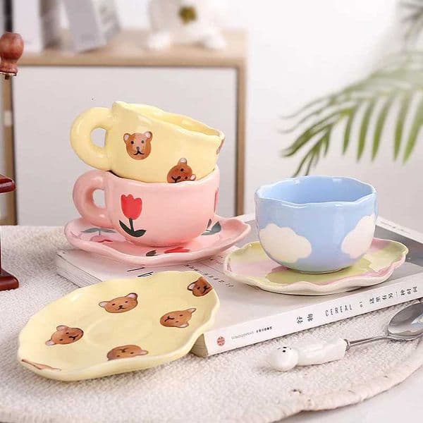 Creative Hand-painted Pattern Ceramic Mug Office Coffee Cup Afternoon Tea Cup Nice Breakfast Milk Drink Set with Saucer X260325