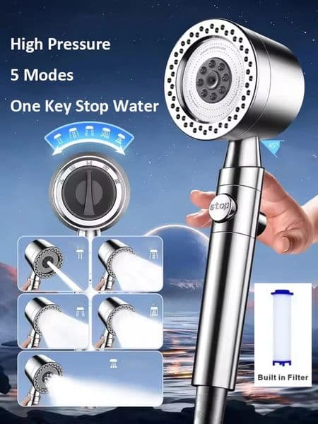 5 Mode Pressurized Shower Head With Filter Stop Button Water Saving Spray Nozzles Big Boost Showerhead Bathroom Accessories 260325
