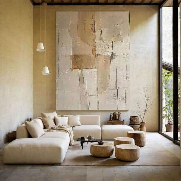 3D Beige Large Canvas Abstract Handmade Oil Painting Brown Simple Textured Geometric Art Wall Decor Living Room Deco 26Y0325